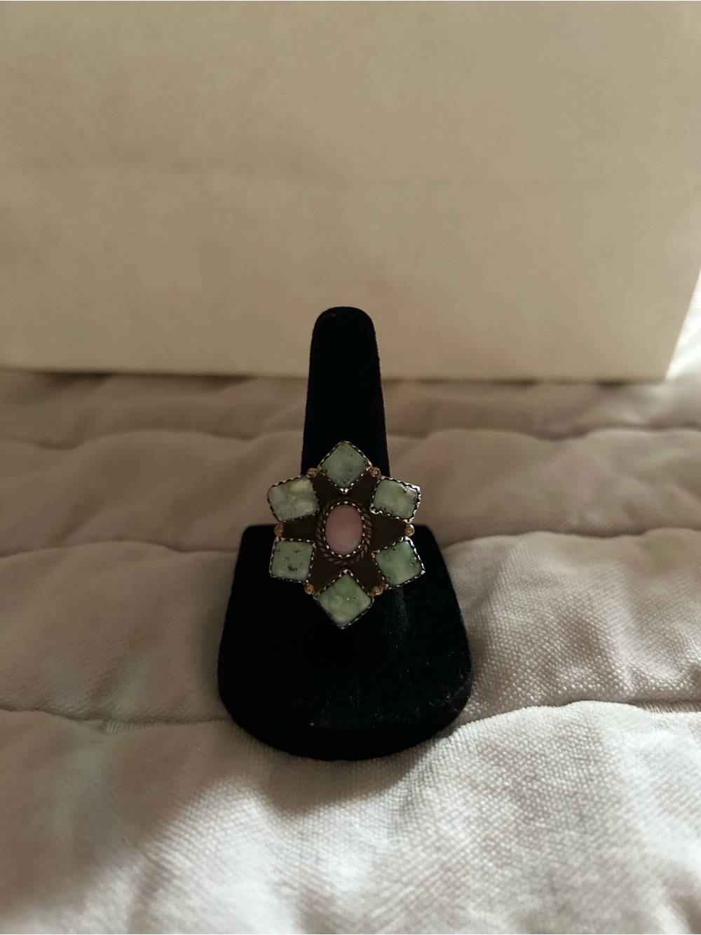 Sterling Silver Floral Gemstone Statement adjustable Ring - Turquoise and Pink